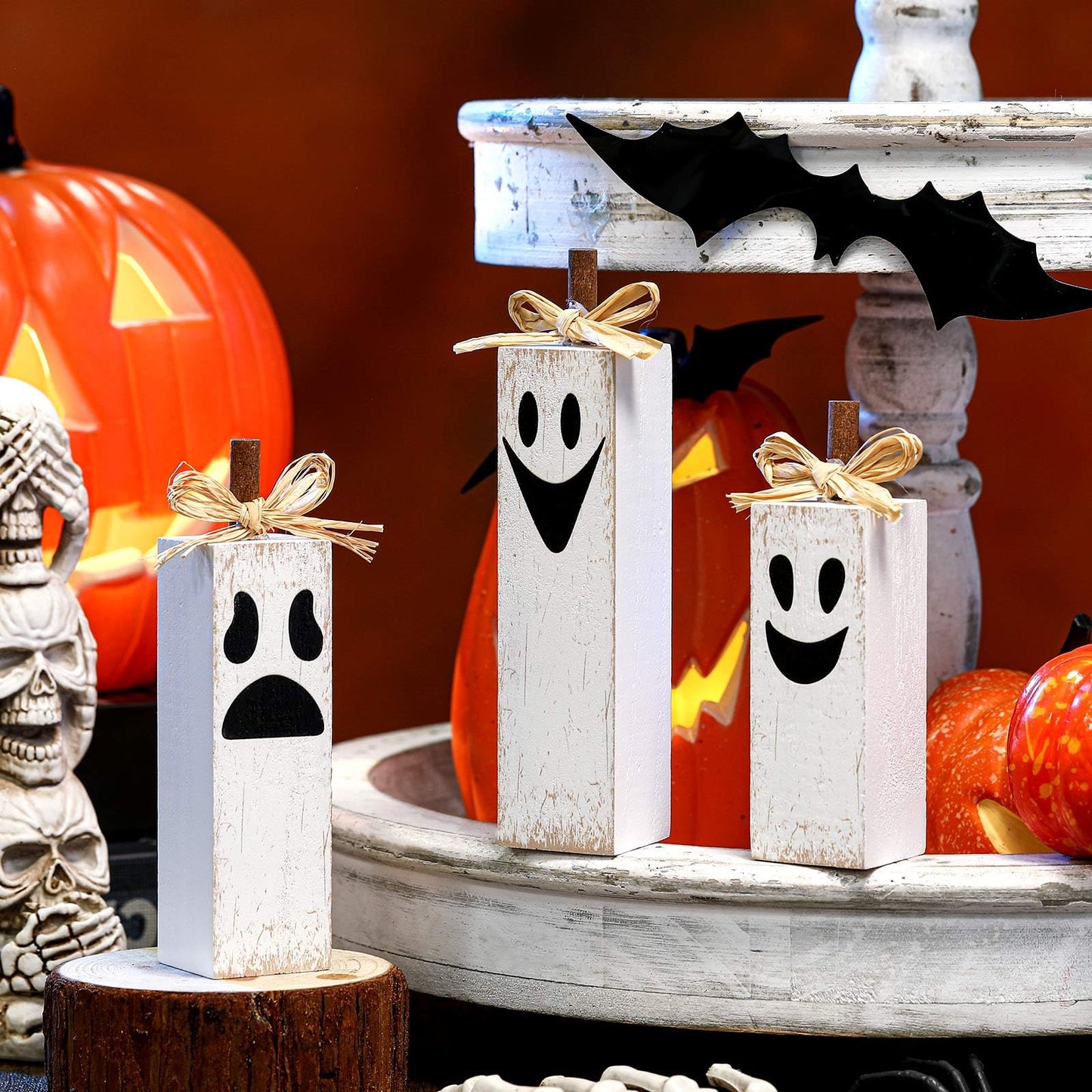 Amyhill 3 Pcs Halloween Table Decoration Wooden Ghost Block Sign Halloween Tiered Tray Decor Rustic Spooky Tabletop Centerpieces for Home Office Mantel Fireplace Shelf Party Decorations Holiday Gift