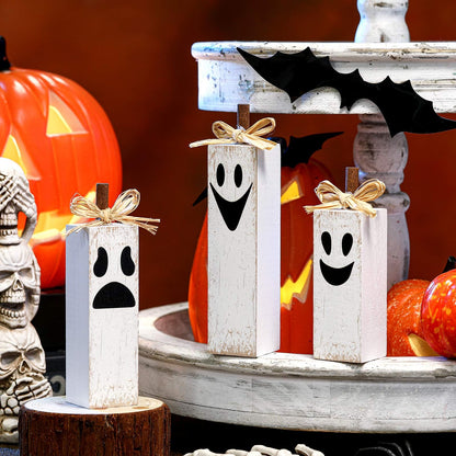 Amyhill 3 Pcs Halloween Table Decoration Wooden Ghost Block Sign Halloween Tiered Tray Decor Rustic Spooky Tabletop Centerpieces for Home Office Mantel Fireplace Shelf Party Decorations Holiday Gift