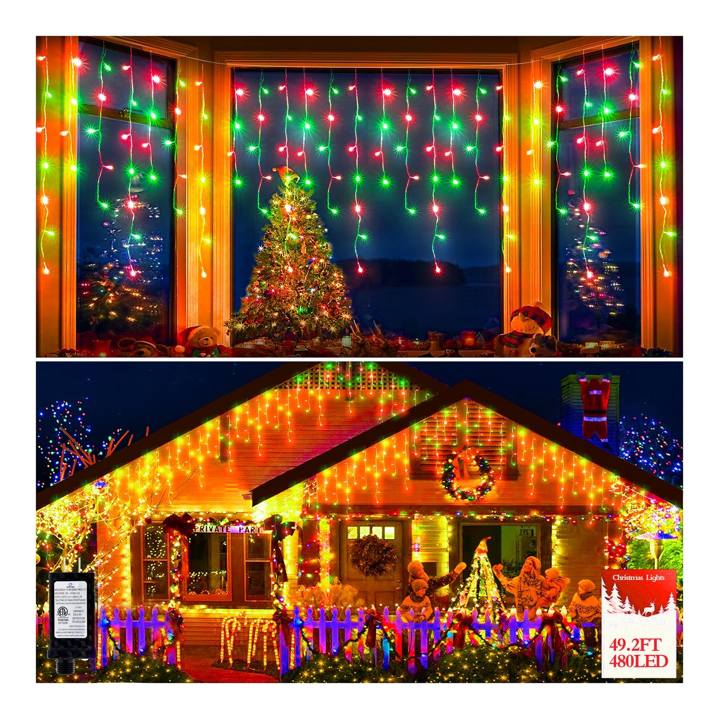 480 LED 49FT Christmas Lights Plug in 8 Modes with Timer Dimmable Christmas Decorations Outdoor Waterproof Indoor Curtain String Lights for Roof Porch Garden Holiday Wedding Party Decor Red + Green