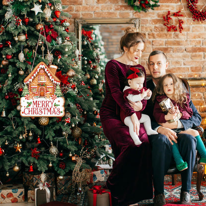 Whaline Merry Christmas Door Sign Outdoor Hanger Gingerbread House Wooden Front Door Hanging Sign with Rope for Xmas Winter Holiday Party Home Wall Porch Decorations
