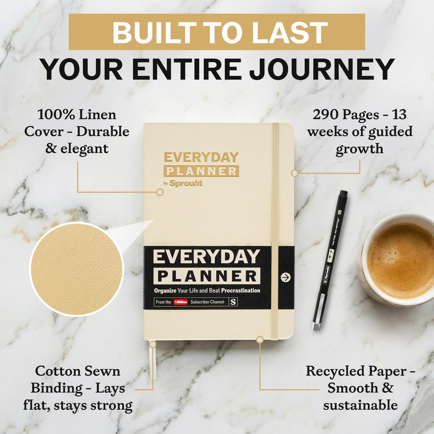 Sprouht Undated Daily Planner | 90 Day Daily & Weekly Productivity Journal with Hourly Schedule, To Do List, Goal Tracker & Habit Tracker | ADHD Planner for Men & Women | Hardcover Agenda (Cream)