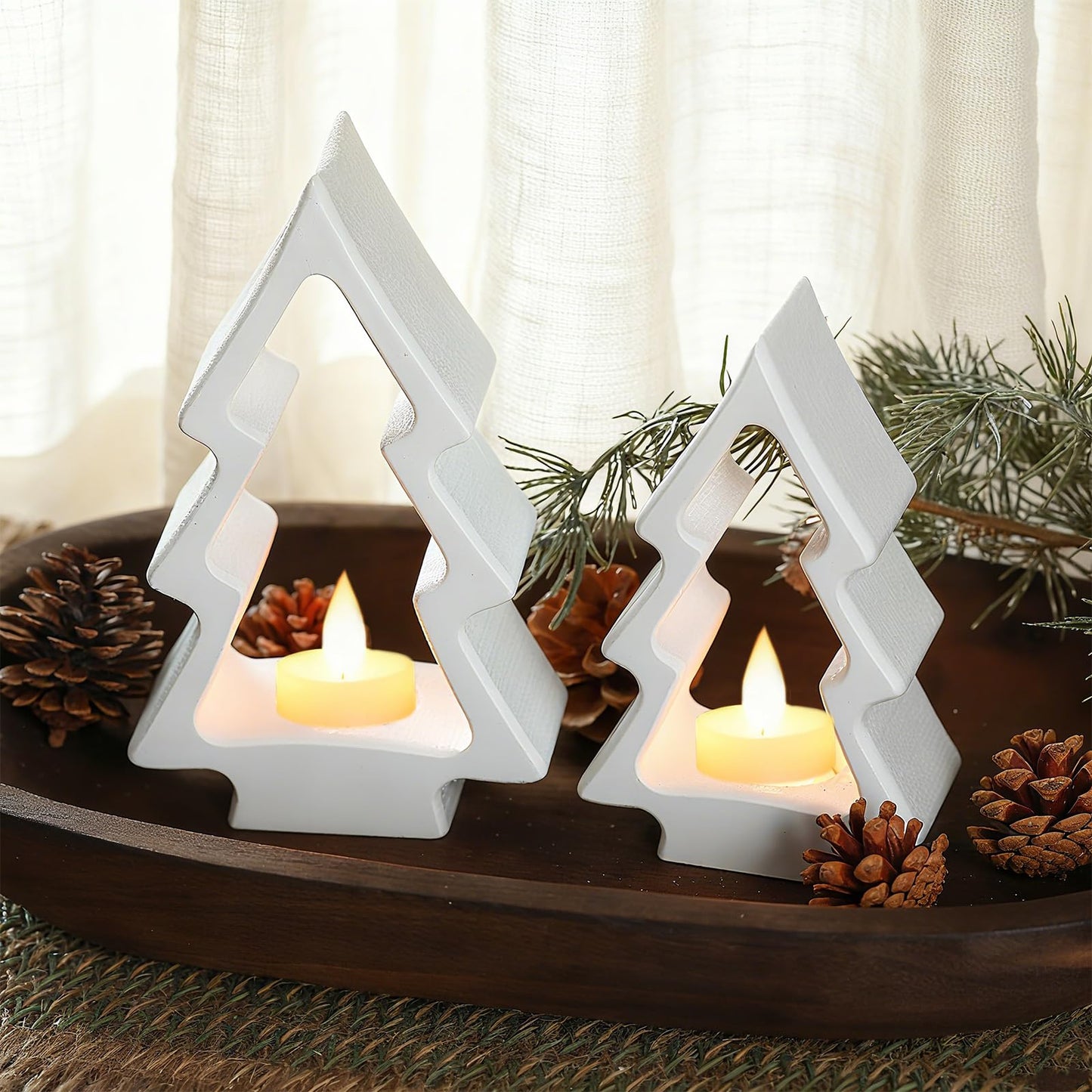 AceOrbit 2 Pcs Christmas Tree Candle Holders White Wooden Tealight Holders Wooden Farmhouse Rustic Candle Stick Xmas for Christmas Table Centerpiece Mantel Decor