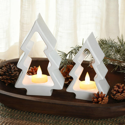AceOrbit 2 Pcs Christmas Tree Candle Holders White Wooden Tealight Holders Wooden Farmhouse Rustic Candle Stick Xmas for Christmas Table Centerpiece Mantel Decor