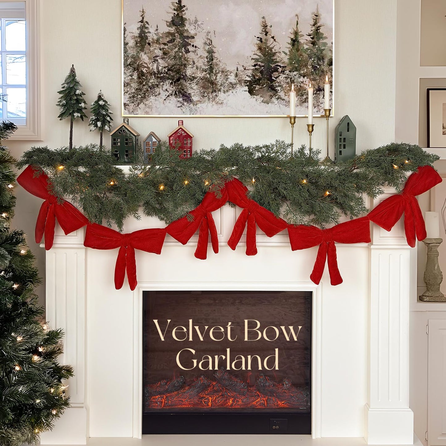 Christmas Decorations - 6 Ft Red Velvet Bow Garland - Xmas Decor for Mantel Fireplace Shelf Cabinet Stand Door Window Frame Bedroom Living Room Home Entryway Indoor Holiday Decoration