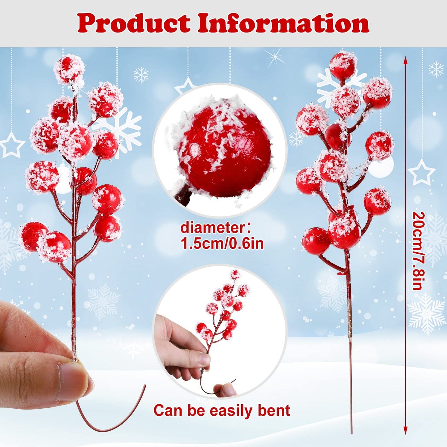 KSPOWWIN 24 PCS Artificial Holly Berry Stem Picks with Snowflake Glitter Christmas Tree Berries Floral Picks for Christmas Tree Ornaments DIY Wreath Crafts Wedding Decor