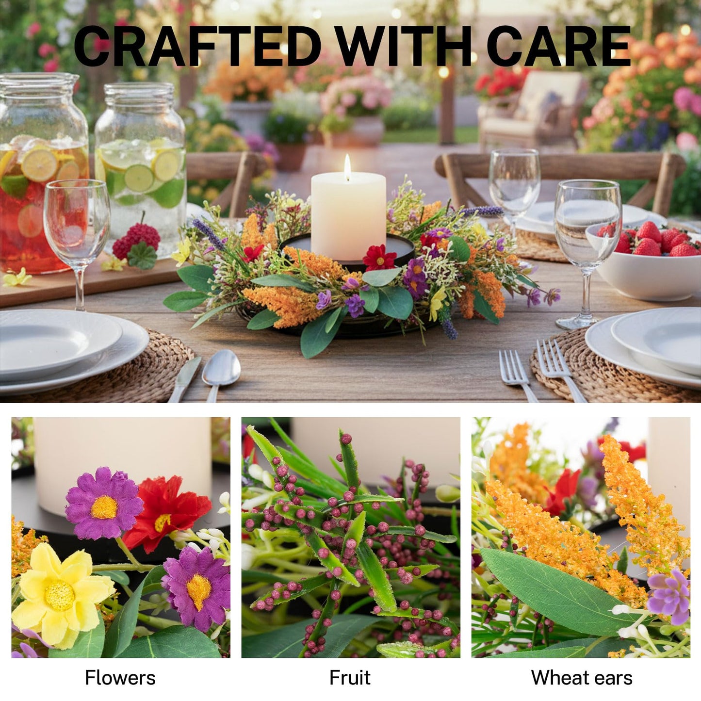 MOYEE Summer Centerpieces for Tables Wreath with Candle Holder,Candle Ring, Black Metal Candlestick with an Artificial Wreaths 14 in Versatile Dining Table Centrepiece (Golden Wheat Ear Wreath)