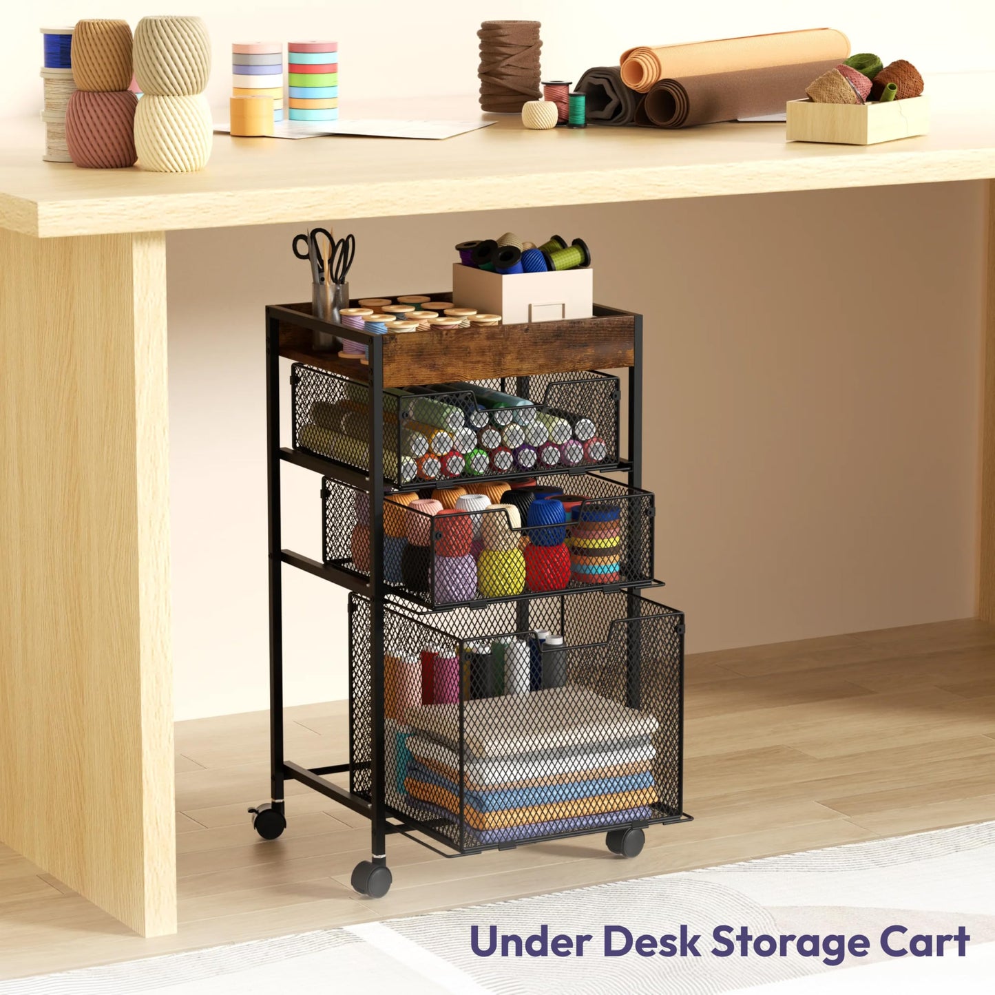 SWTYMIKI Rolling File Cart with Drawers - 4 Tier Under Desk Storage Craft Rolling Organizer Cart - Office Storage &Organization, Mobile Metal Filing Cabinet for Office and Home Espresso