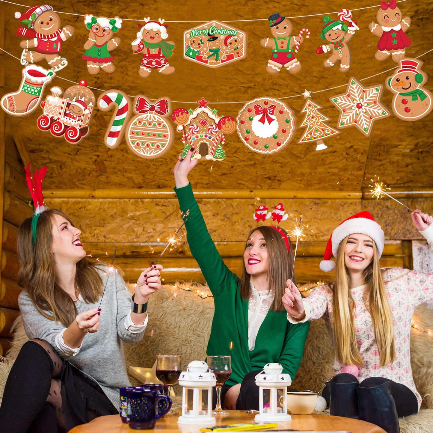 HOWAF Christmas Gingerbread Man Hanging Banner, Merry Christmas Backdrop banner-Snowflake, Christmas Tree, Candy Canes, Christmas Stockings Design Christmas Party Decorations Winter Home Ornament