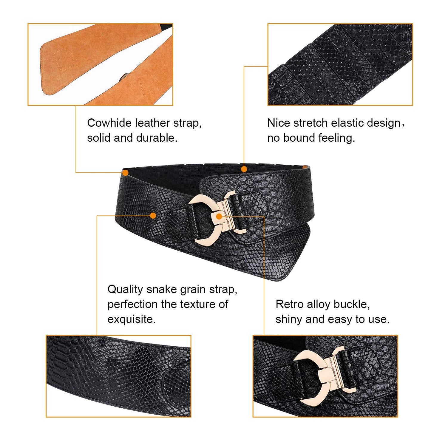 JASGOOD Women's Wide Elastic Stretch Adjustable Waist Belt Fashion Snake Pattern (Suit Waist 36-42 Inch, Black)