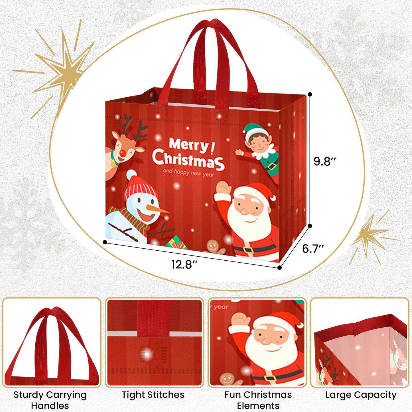 TranquilBliss 16 PCS Christmas Gift Bags, Reusable Holiday Treat Bags with Handles, Christmas Baskets for Gifts Empty, Non-Woven Xmas Party Supplies, 12.8"×9.8"×6.7"
