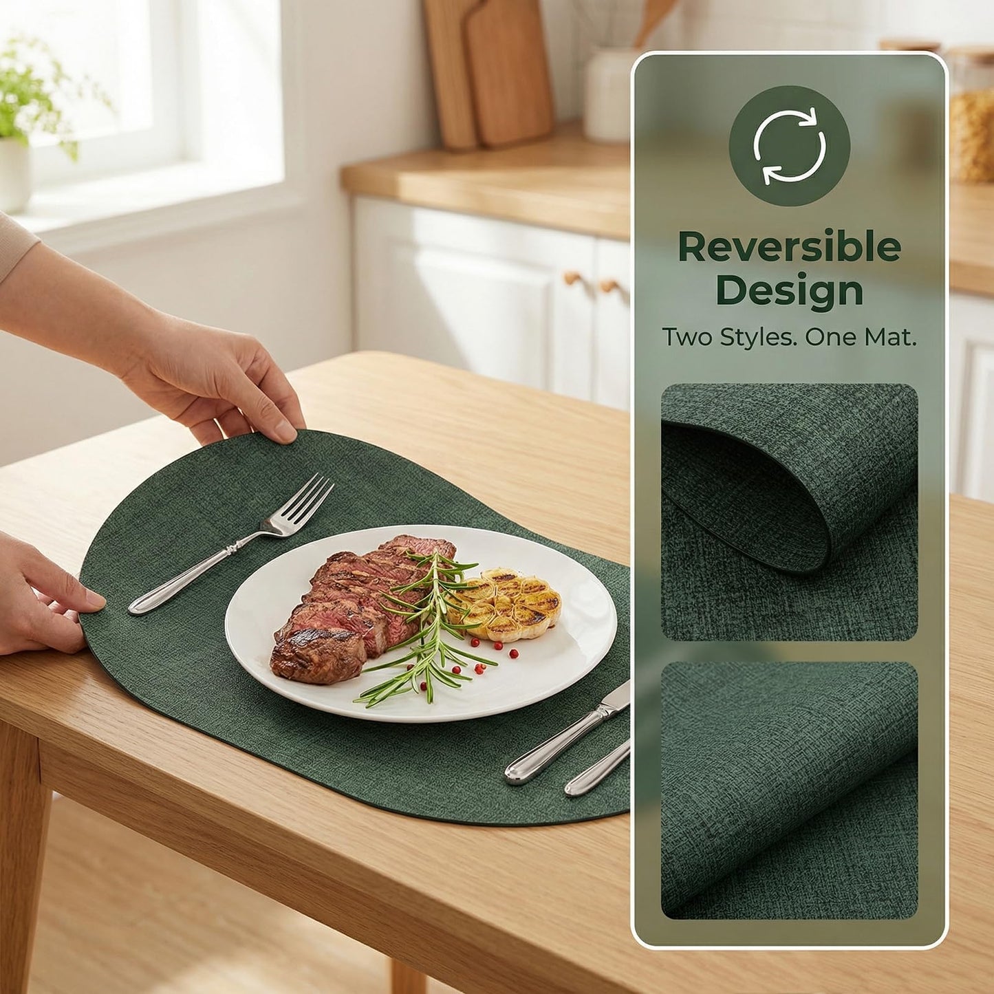 BARTHKIT Placemats Set of 6 - Washable Heat Resistant Table Placemats - Wipeable Faux Leather Oval Place Mats, Waterproof Table Mats for Dining Table, Green