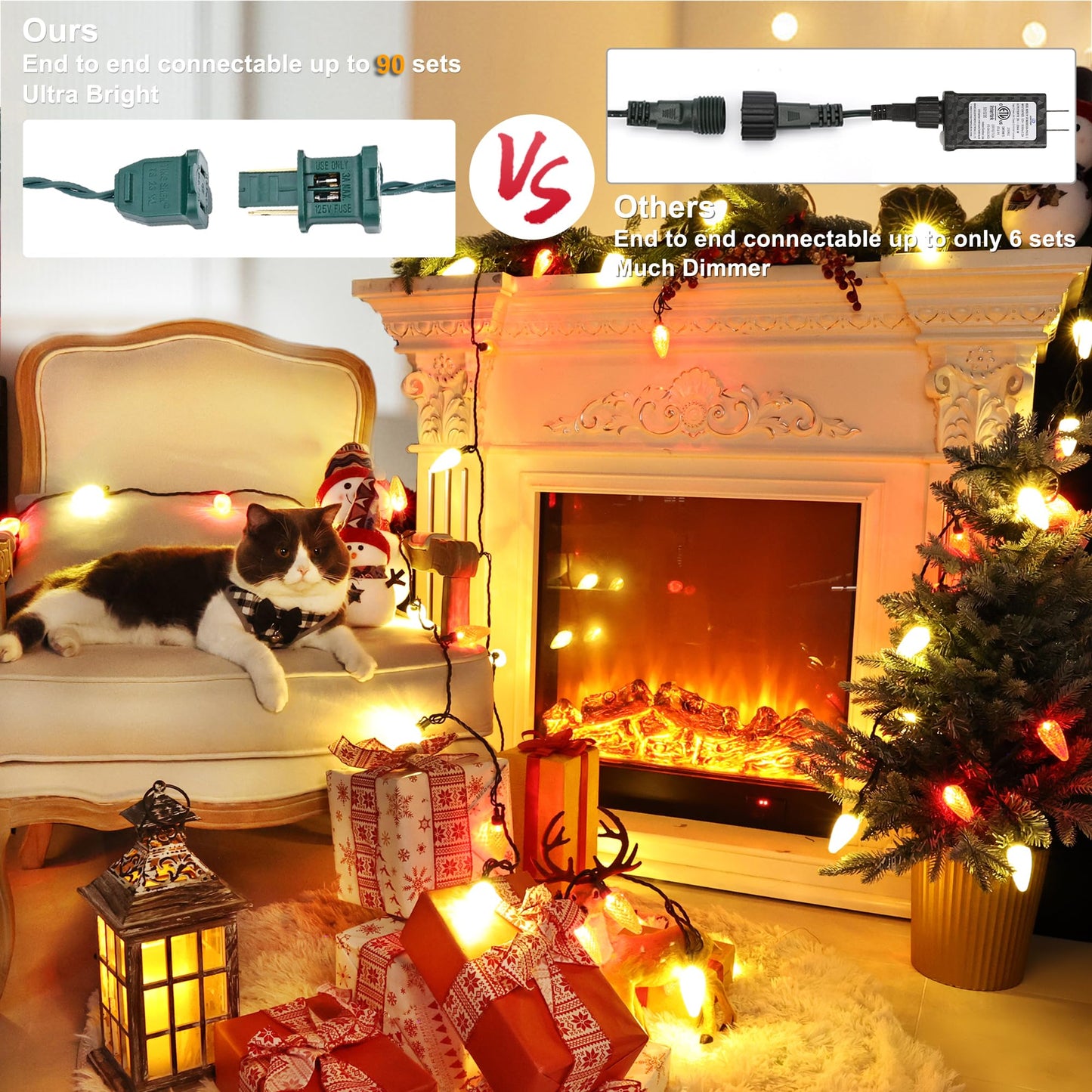 Brizled Red & Warm White Christmas Lights, 66ft 100 LED C9 Christmas Lights, Connectable Outdoor Faceted Strawberry Light String, 120V UL Certified Indoor Xmas Tree Light for Home Holiday Party Decor