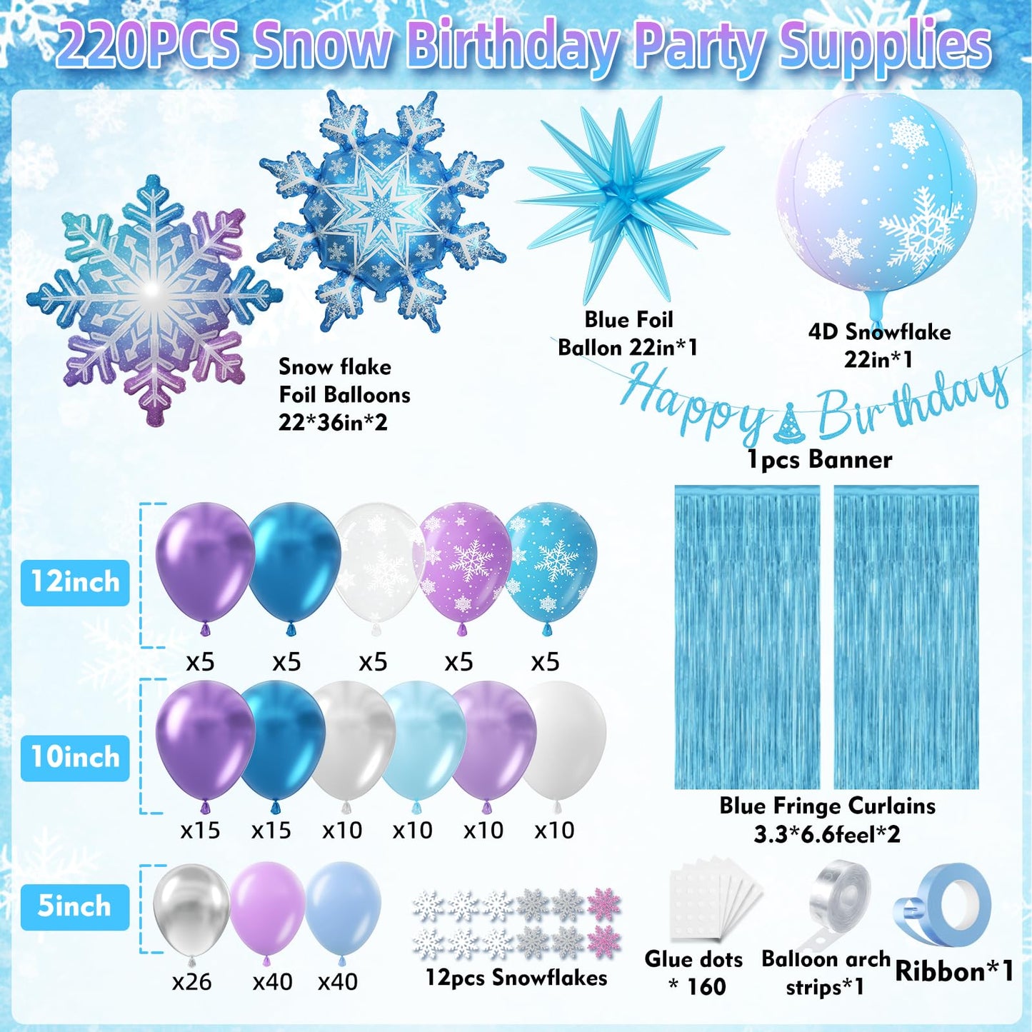 PTGOLUO Frozen Balloon Arch Garland Kit 220pcs, Blue Purple White Balloons with Fringe Curtain Snowflake Balloons Birthday Banner for Winter Wonderland Baby Shower Snow Princess Birthday Party Decor
