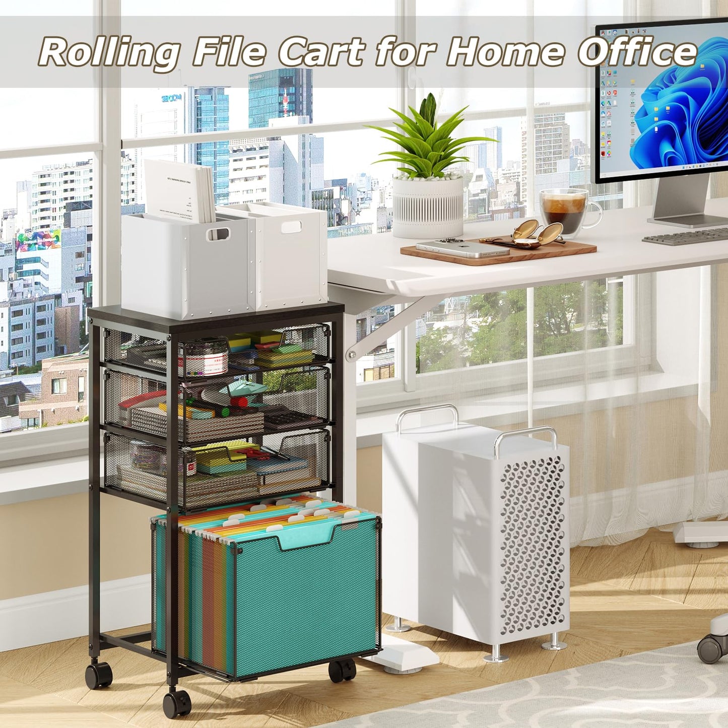 Sbanmao Rolling File Cart with 4 Storage Drawers, Mobile File Cabinet with Wheels, Hanging File Organizer, Under Desk Printer Stand Utility Cart Filing Cabinet for Home Office, Black