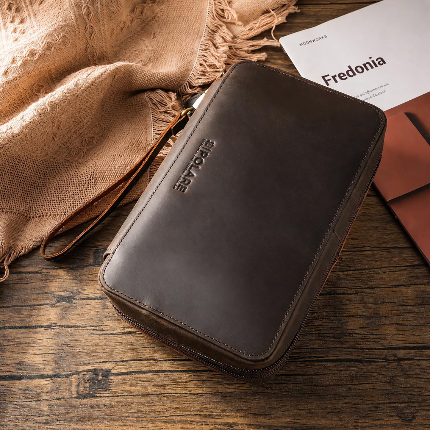Polare Full Grain Leather Cable Organizer Travel Case Double Layers Electronics Accessories Carry Bag with YKK Zippers All-in-One Tech Storage Pouch for Cords, Power Bank, USB, Charger