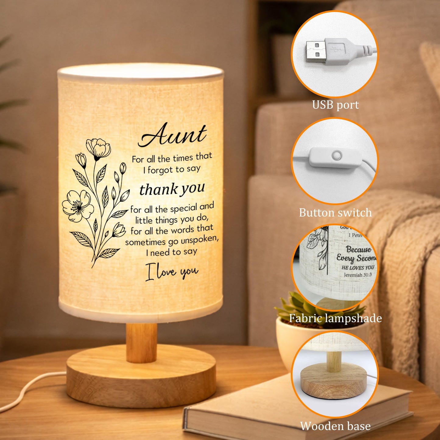 YVKC Aunt Lamp Gifts from Niece, Fabric Bedside Table Lamp with Wooden Stand, Birthday Mothers Day Gifts from Nephew, Desk Lamp Home Decor (Aunt, 1)