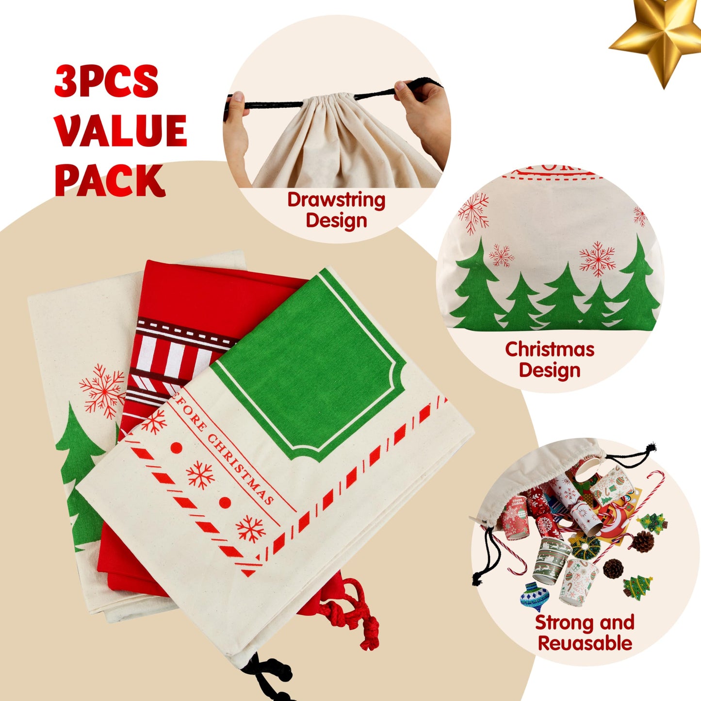 JOYIN 3 PCS Christmas Drawstring Santa Burlap Sack 26" x 19", Large Canvas Gift Bag Reusable Personalized Cloth Pouch for Xmas Presents Package, Party Supplies, Hoilday Decoration