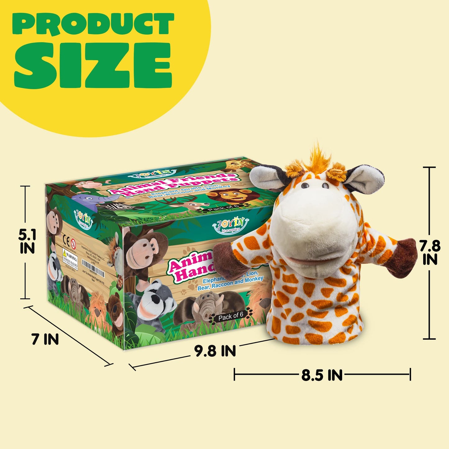 JOYIN 6Pcs Kids Hand Puppet Set with Working Mouth, Toddler Animal Plush Toy Includes Elephant, Giraffe, Lion, Bear, Raccoon and Monkey for Show Theater, Christmas Birthday Gifts for Kid Age 3+