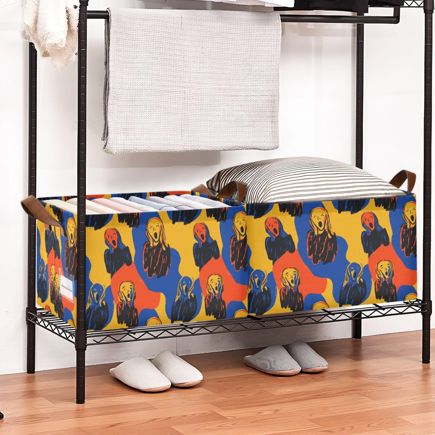 Oil Painting Art The Scream Storage Basket Foldable Cube Storage Bins with Handles&Label Waterproof Collapsible Organizer Box Bin Large Rectangle Decorative Baskets for Shelves Home Room Laundry