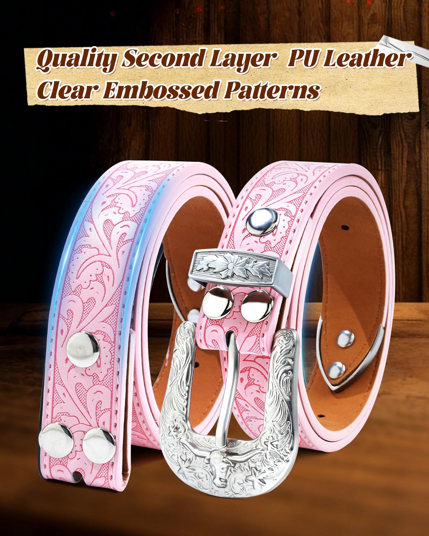 Kajeer Kids Western Belt for Boy,Cowboy Leather Belt Vintage Engraved Embossed Buckle Western Belts for Jeans Gifts