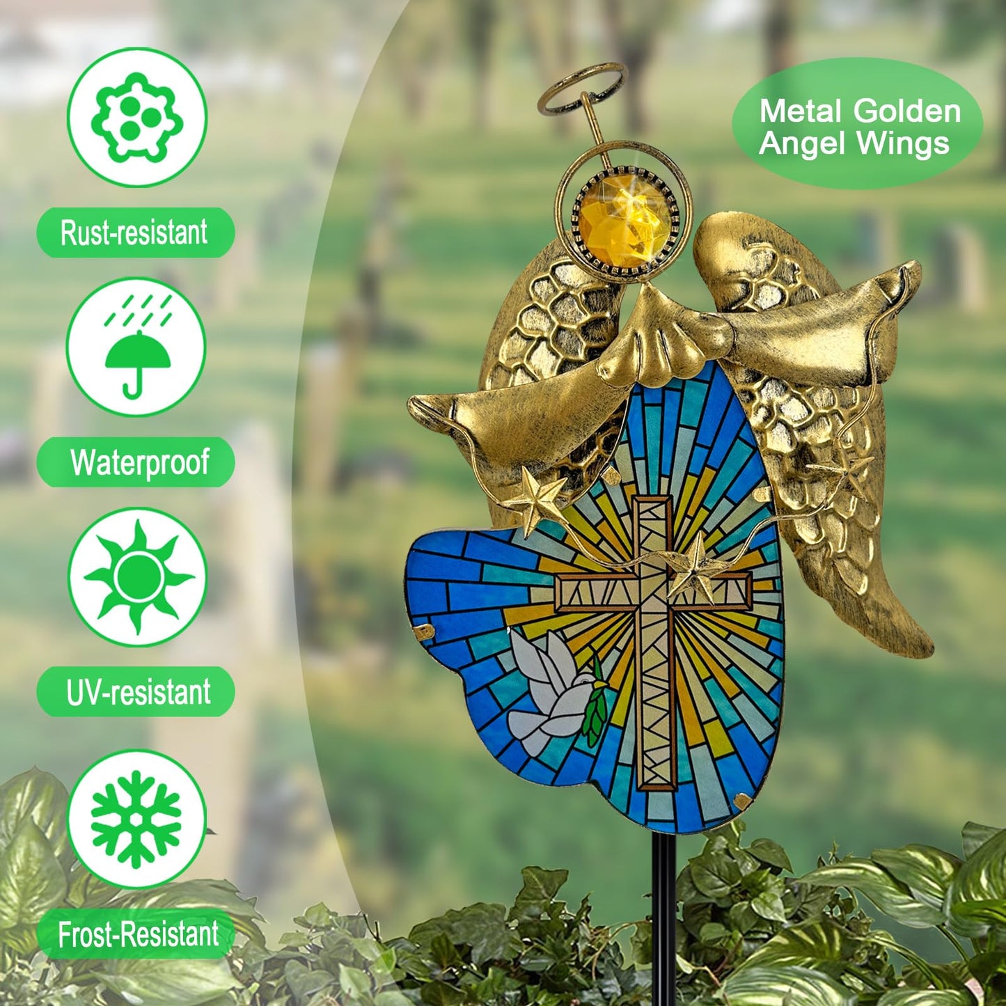 Hokfirm Solar Cross for Cemetery Grave,Metal Angel Garden Stake Pathway Light for Yard Patio Cemetery,Solar Angel Garden Decor Statue for Outside,Memorial Gifts for Women
