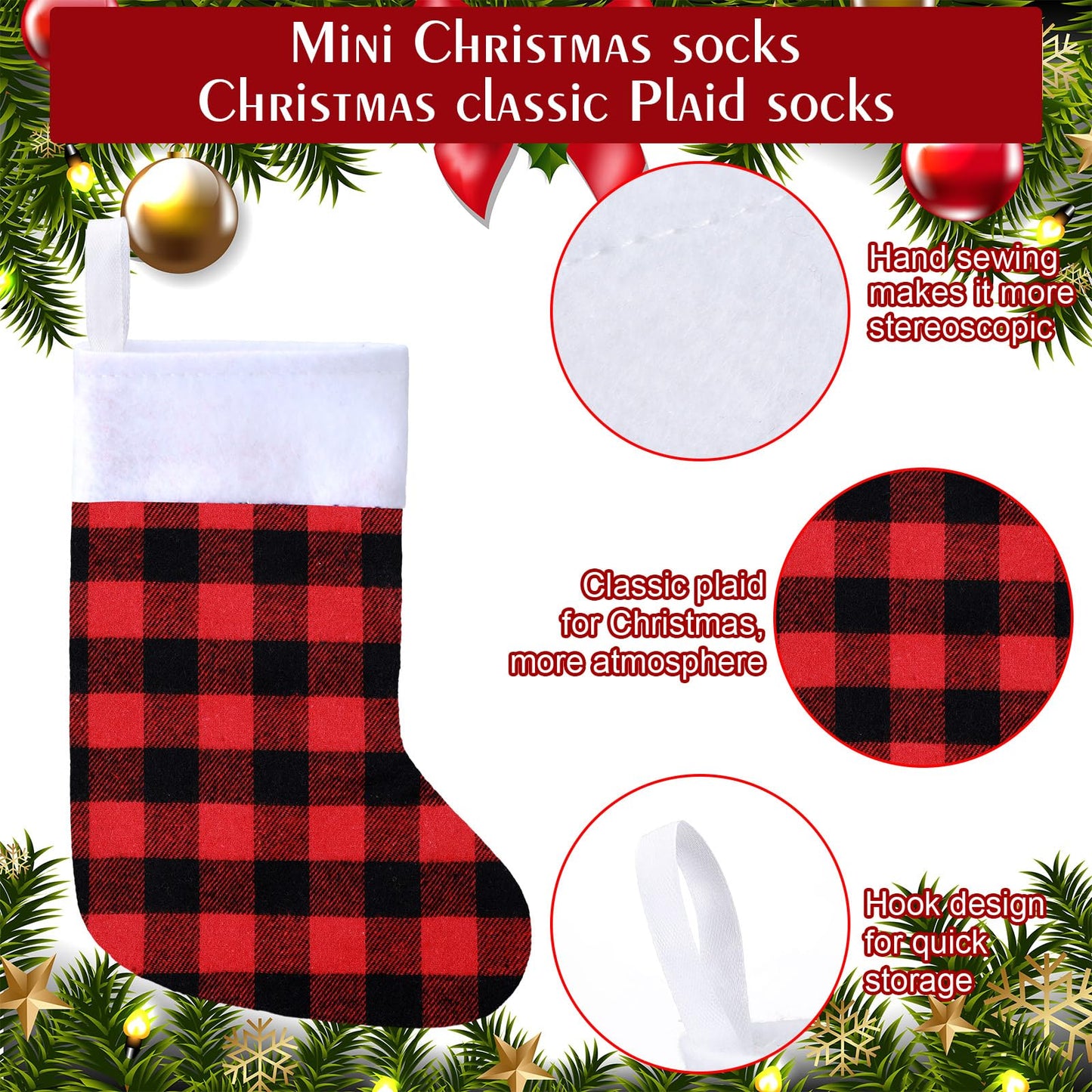 Skylety 36 Pcs Mini Christmas Stockings 8.27 Inch Small Buffalo Plaid Red Black Stockings Hanging Ornament Classic Bulk Christmas for Family Holiday Party Gift Xmas Tree Decoration