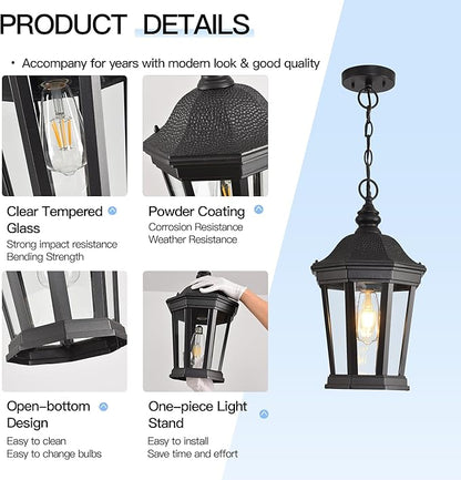 Large Outdoor Pendant Light Fixtures, 17.9" H Black Exterior Hanging Lantern Lights, Height Adjustable Outside Chandeliers with Clear Glass for Porch, Farmhouse, House