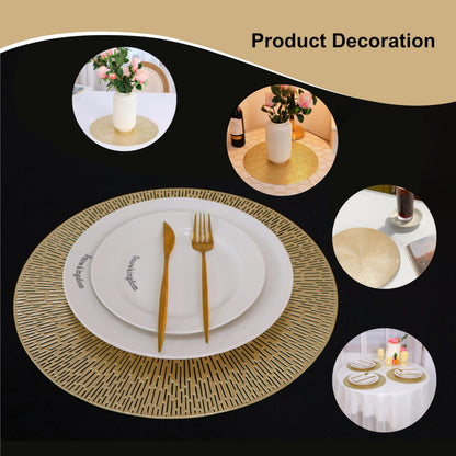 Snowkingdom Gold Round Placemats Set of 4, Golden Vinyl Metallic Hollow 15 Inch Place mats, Washable Easy Clean Wipeable Non Slip Stain Heat Resistant Dining Table Mats for Wedding Party Decoration