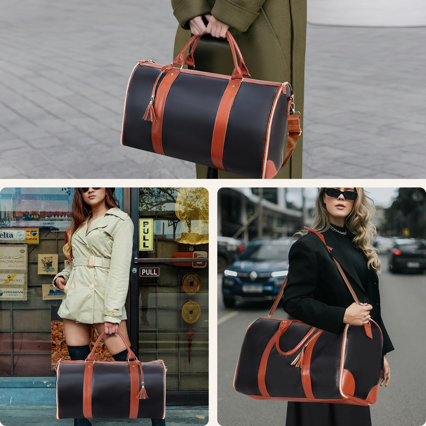 Convertible Garment Duffle Bag for Travel, Carry On Garment Bag with Shoe Pouch, PU Leather, 2 in 1 Hanging Suit Travel Bags Large Weekender Overnight Bags for Women Men (Black)