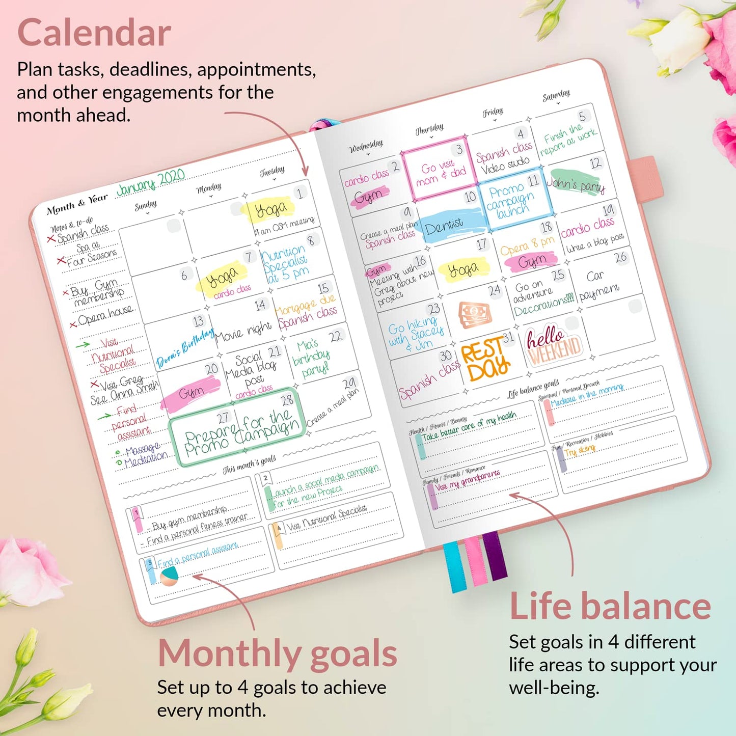 GoGirl Planner and Organizer for Women – A5 Size Weekly Planner, Goals Journal & Agenda to Improve Time Management, Productivity & Live Happier. Undated – Start Anytime, Lasts 1 Year – Peach Pink