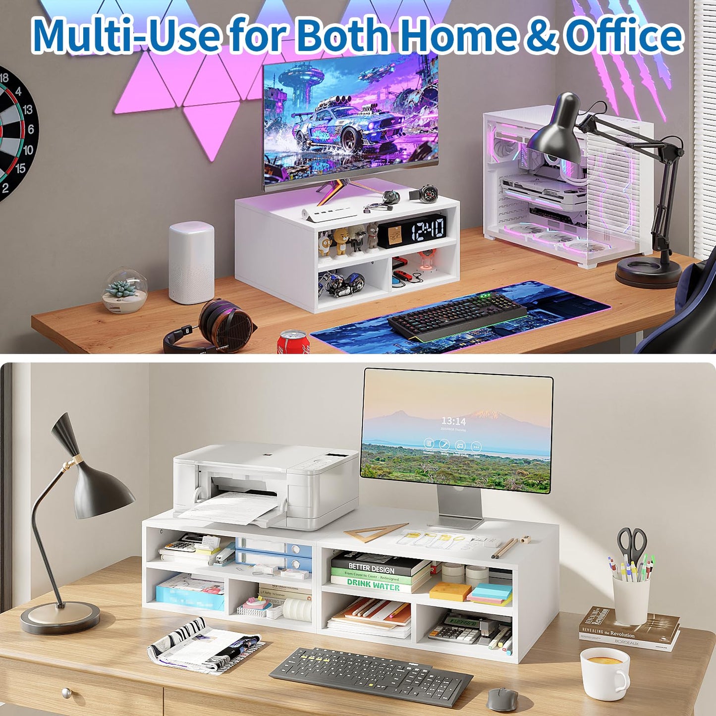 ALISENED Printer Stand for Desk, 2-Tier Wooden Desk Organizer with Adjustable Compartments, Heavy Duty Desktop Stand for Printer Scanner Monitor, Space Saving Office Organization and Storage, White