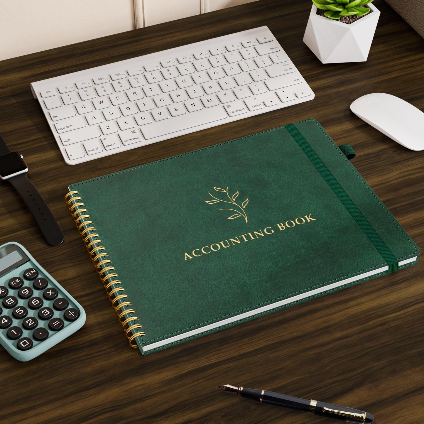 AKONEGE Accounting Ledger Book for Personal & Small Business Bookkeeping, Horizontal Income and Expense Tracker Notebook with Calendar, Hardcover Columnar Log Journal 10.78" x 8", Dark Green