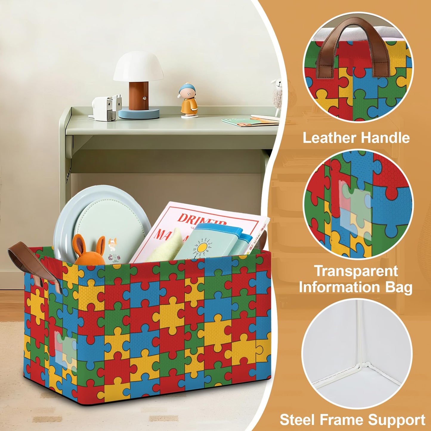 Oeaskly Storage Bins with Handles, Oxford Cloth Storage Basket with Sturdy Frame, Jigsaw Collapsible Organizer for Closet, Shelf, Clothes, Towels, Home Storage