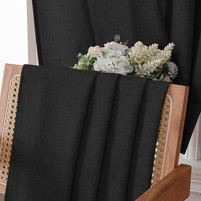 Tollpiz Short Linen Tier Curtains Rod Pocket Semi Sheer Half Kitchen Curtain Burlap Light Filtering Thick Linen Drapes for Bathroom, 30 x 24 inches Long, Black, Set of 2 Panels