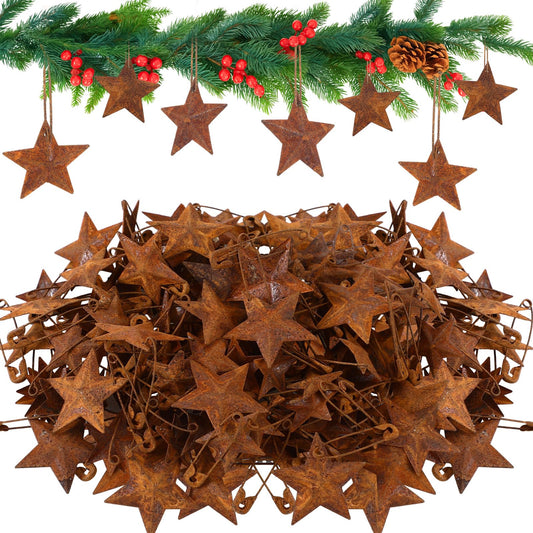 100 Pcs Christmas Rusty Metal Star Rustic Safety Pins Kit Craft for Christmas Tree Ornament Vintage Rusted Metal Star Primitive Hanging Holiday DIY Crafts for Farmhouse Home Wreath Decoration