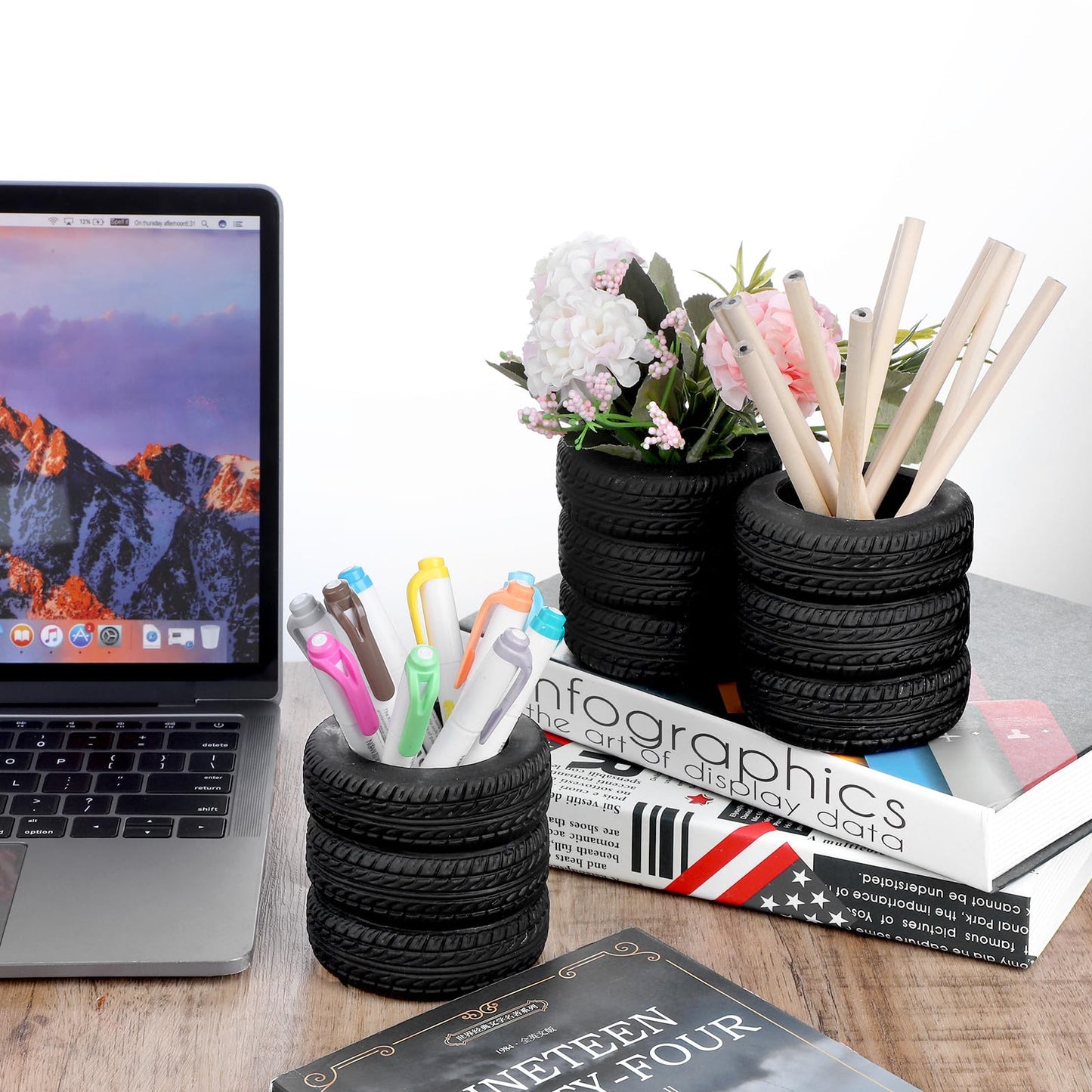 4 PCS Tire Shape Pencil Holder, Car Tire Pencil Holder, Black Pen Holder, Suitable for Classroom, School, Office, Study Room (Black)