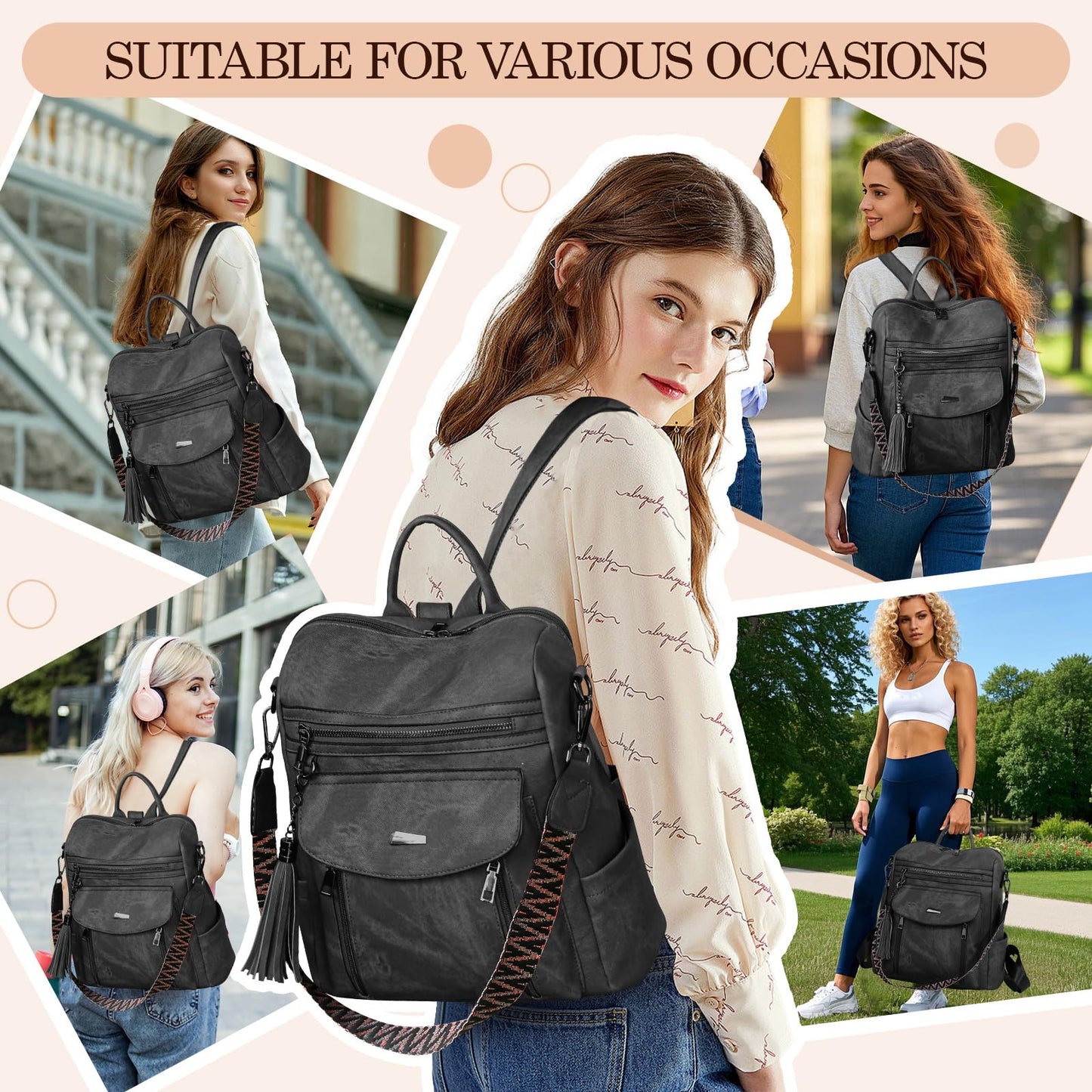 ROOSALANCE Backpack Purse for Women Pu Leather Backpack Fashion Ladies Shoulder Bag Handbags for Travel Daily Use, Black