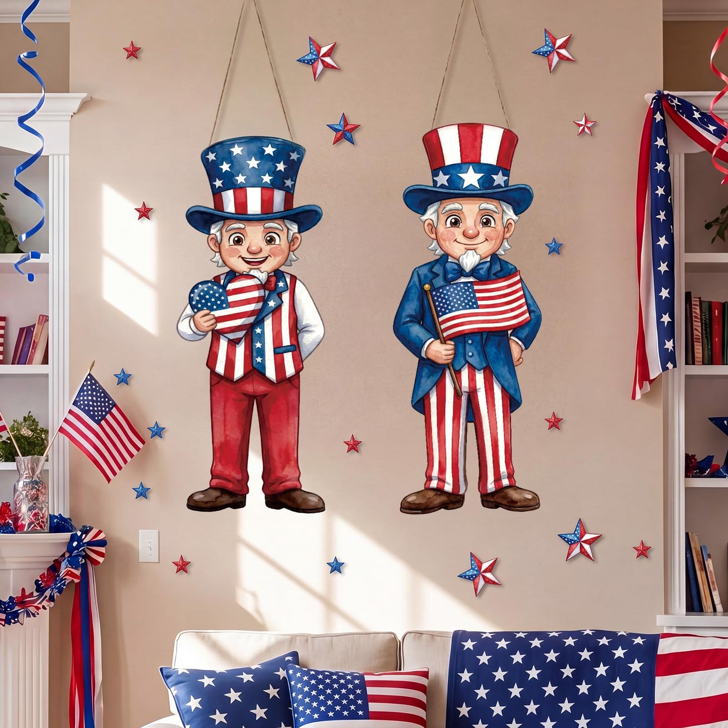 Thyle 2 Pcs Large 4th of July Hanging Sign Decorations 32 x 12 Inch Patriotic Uncle Wooden Front Door Decorations Plaques Porch Sign for 250th Anniversary Independence Day Door Hanger