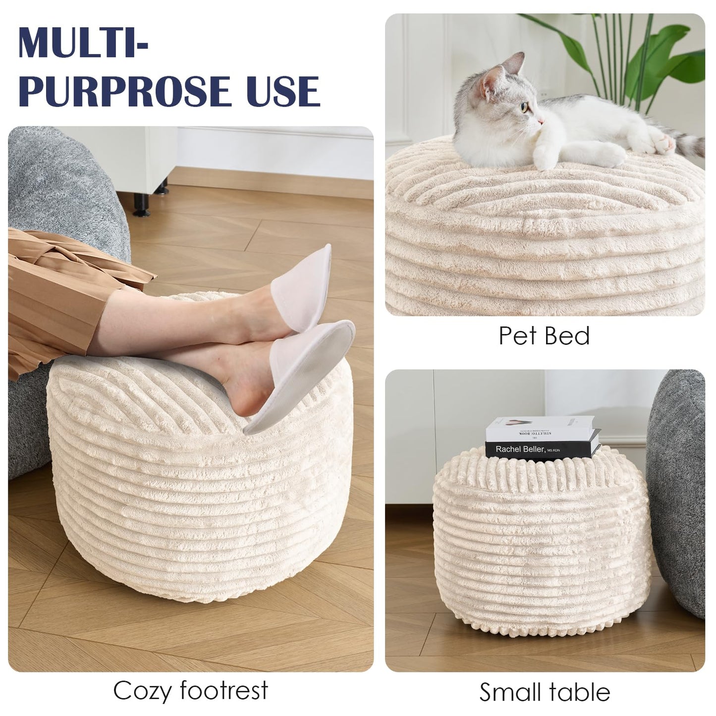 INSPIRE CRAFTER Round Pouf Ottoman,Corduroy Poufs with Memory Foam Filling for Foot Rest,Soft Footstool for Living Room,Office,20"x 15",Beige
