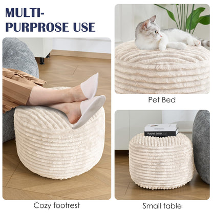 INSPIRE CRAFTER Round Pouf Ottoman,Corduroy Poufs with Memory Foam Filling for Foot Rest,Soft Footstool for Living Room,Office,20"x 15",Beige