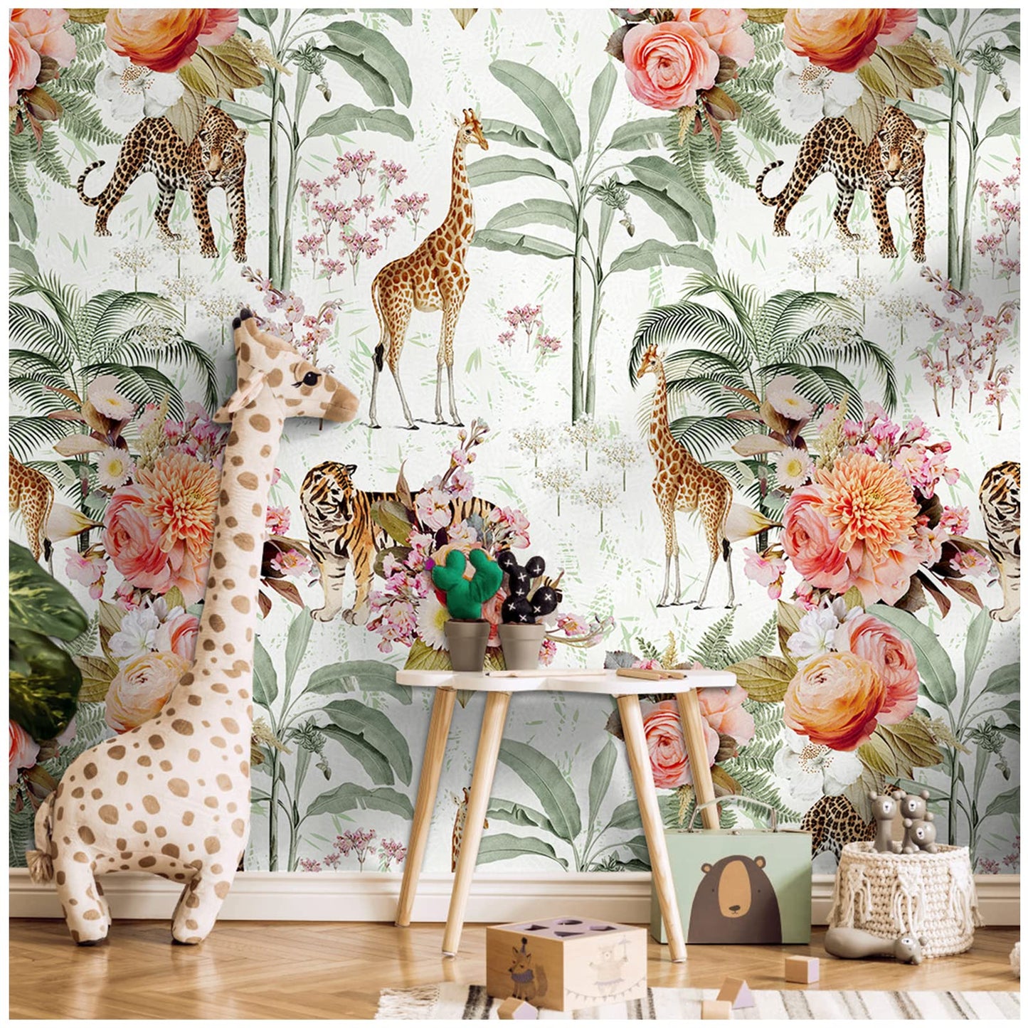 HAOKHOME Forest Peel and Stick Floral Wallpaper Jungle Animal Removable White/Green/Pink Vinyl Self Adhesive Mural 17.7in x 9.8ft
