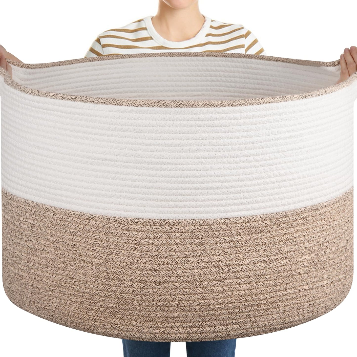 OIASKET XXL Large Blanket Basket with Handles, 105L Woven Storage Basket for Living Room, Cotton Rope Baby Toy Storage for Clothes, Pillows, Towels-Brown & White