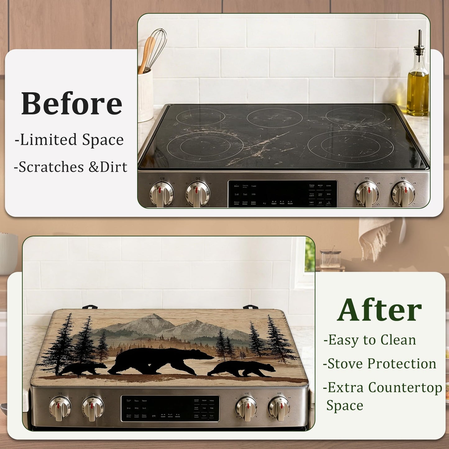 Bear Stove Top Cover Glass Cooktop Heat Resistant Cover,Mountain Forest Ceramic Stove Top Covers Mat Prevents Scratching Stoves/Counter/Washer Protector,28.5x20.5 in