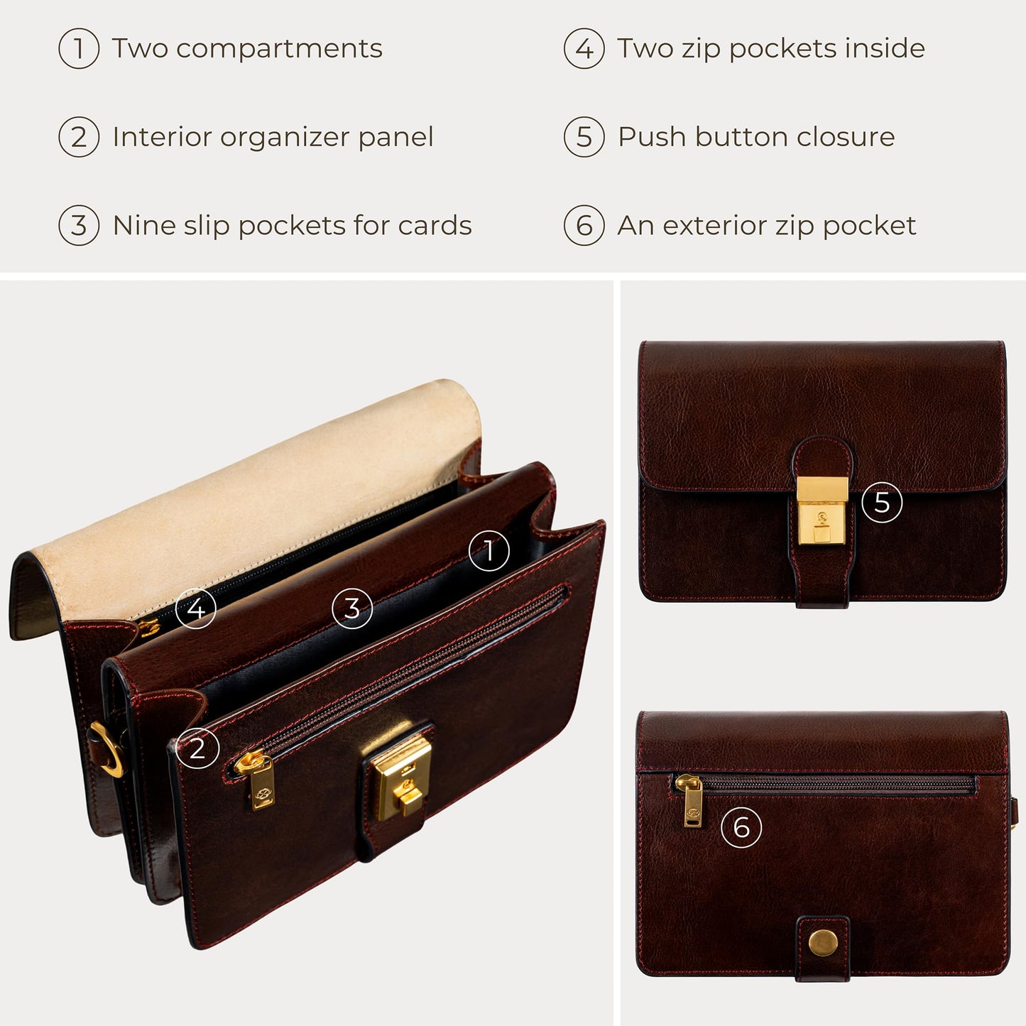 Time Resistance Leather Clutch - Organizer Bag for Men - Wrist Bag - Briefcase Handmade in Italy - Handbag for Men (Brown) - Gift Box Included