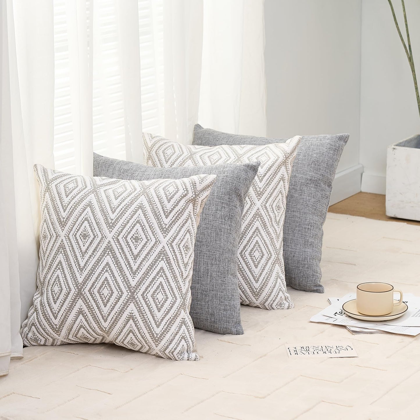HPUK Throw Pillow Covers 18x18 Inch Set of 4, Linen Decorative Pillow Covers, Accent Cushion Covers for Couch Sofa Bed Bedroom Living Room Décor, Grey