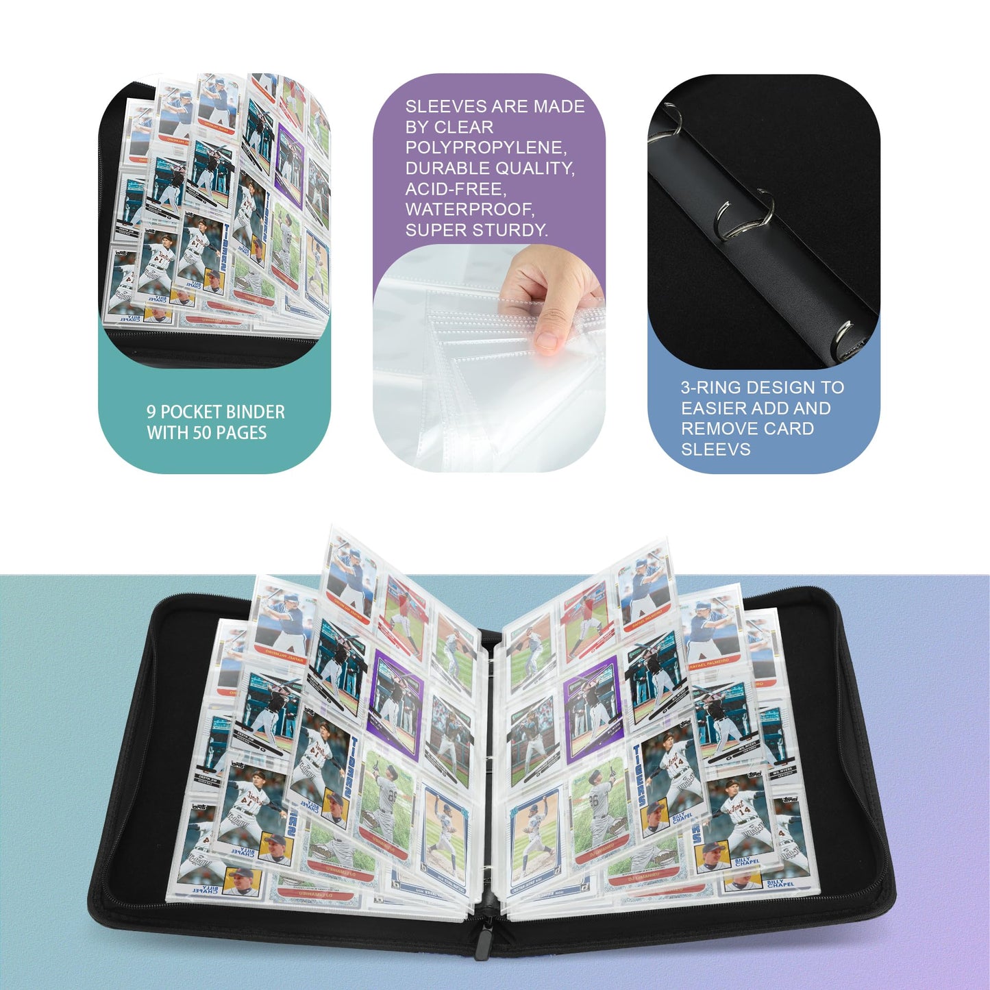 TCGUARD 9 Pockets Trading Card Binder with Sleeves Card Organizer, 900 Double Sided Pocket PU Card Collection Binder, Baseball Binder,for Sports Card, MTG, TCG Yugioh Card (Blue)