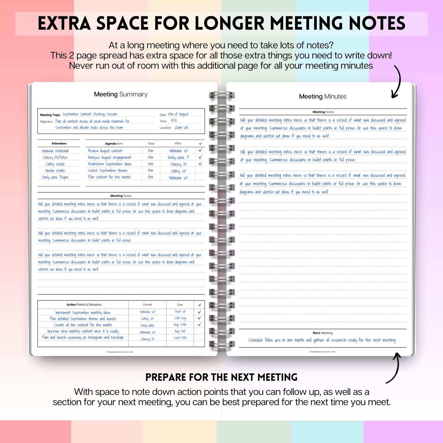 Meeting Minutes Note Taking Professional Notebook | Plan, Record and Track Actions from all your Important Meetings - A5 Pastel Rainbow