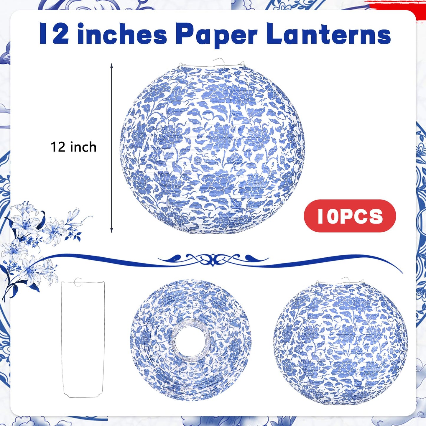 12 Inches Chinoiserie Paper Lantern Celehappy 10pcs Blue and White Porcelain Print Lantern Chinese Round Hanging Lanten for Birthday Wedding Party Ceilding Indoor Outdoor Home Decor