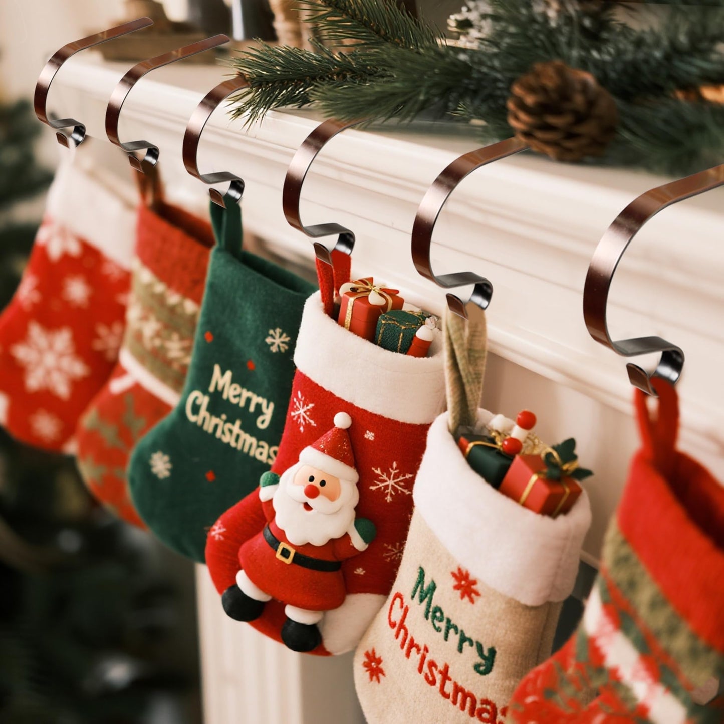 YOFIT Christmas Stocking Holders for Mantle Set of 6, Adjustable and Lightweight Stocking Hanger, Multi-Use Stocking Hooks for Fireplace Mantel Christmas Home Xmas Party Decor