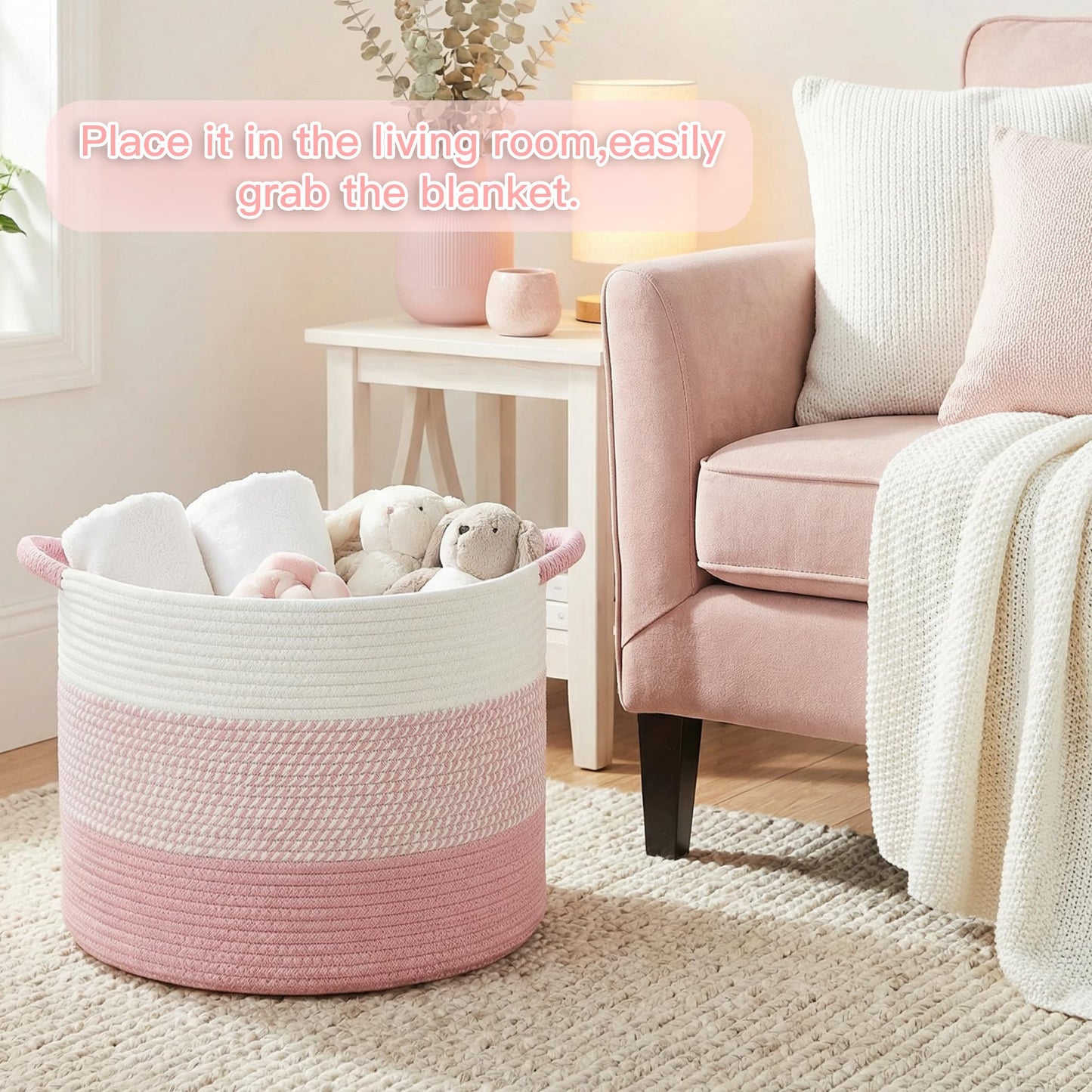 Artfeel 70L Large Cotton Rope Basket, Decorative Woven Blanket Storage for Living Room, Boho Toy Storage & Toy Box for Kids, Versatile Laundry Basket & Nursery Hamper for Blankets(Pink)